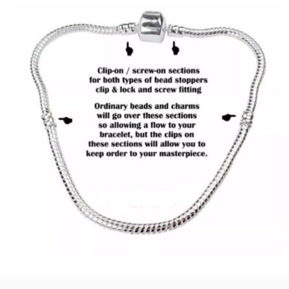 Sterling Silver S925 Snap Clasp Snake Chain European Charm Bracelet about 8" - Picture 6 of 8